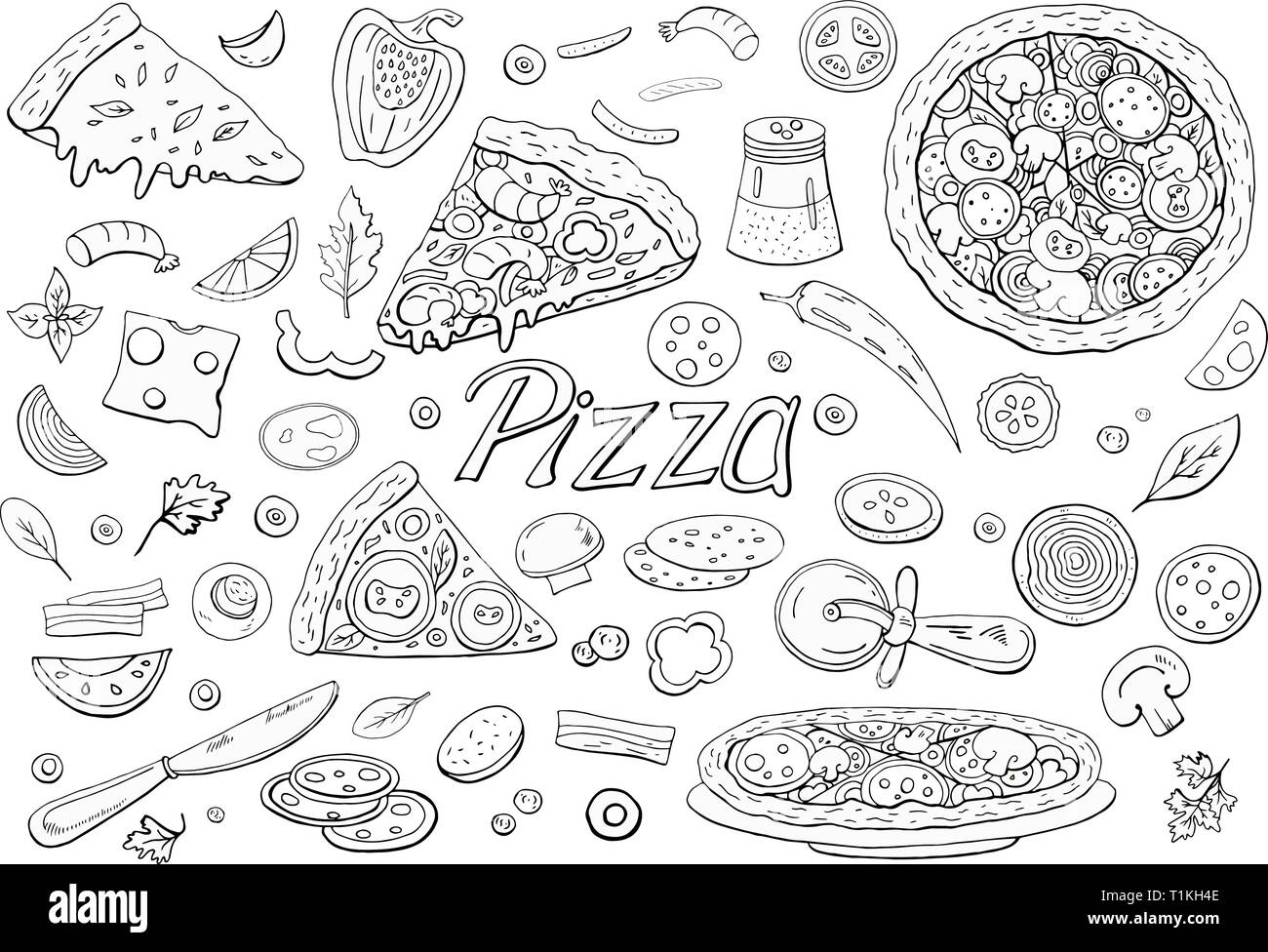 Große italienische Pizza und Pizza Zutaten auf weißem Hintergrund. Stock Vektor