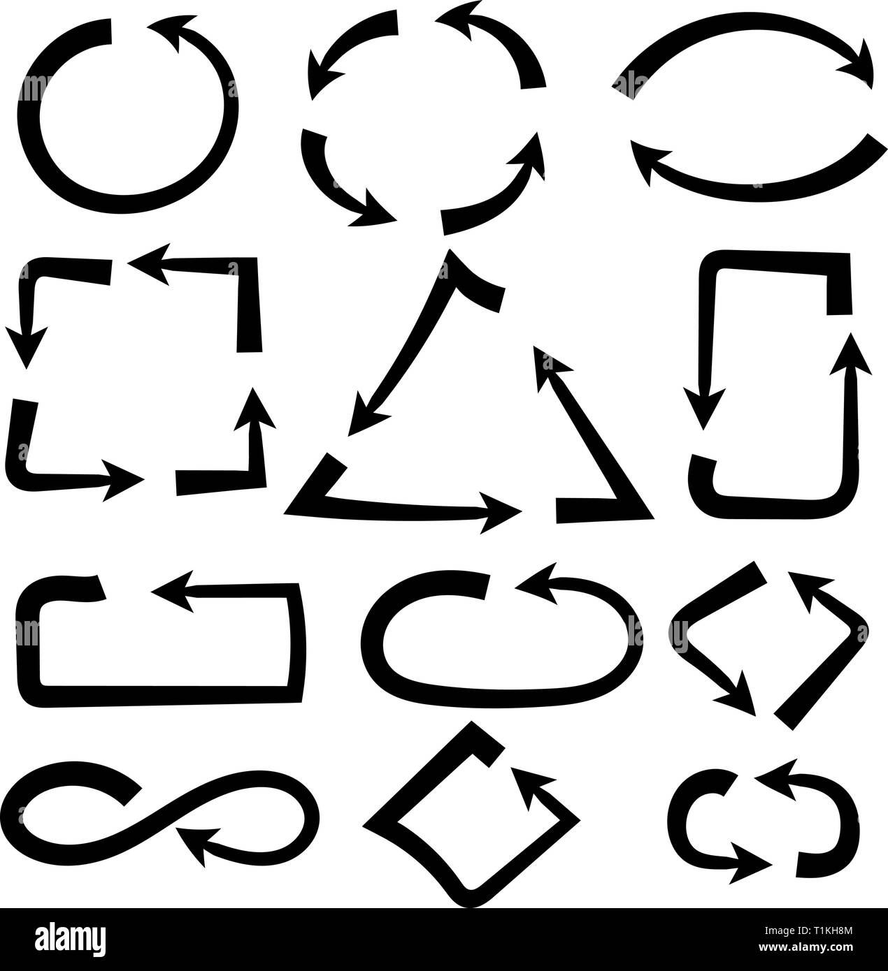 Pfeile Kombinationen. Einfach und Komplex. Schwarz fett Hand gezeichneten Symbole Stock Vektor
