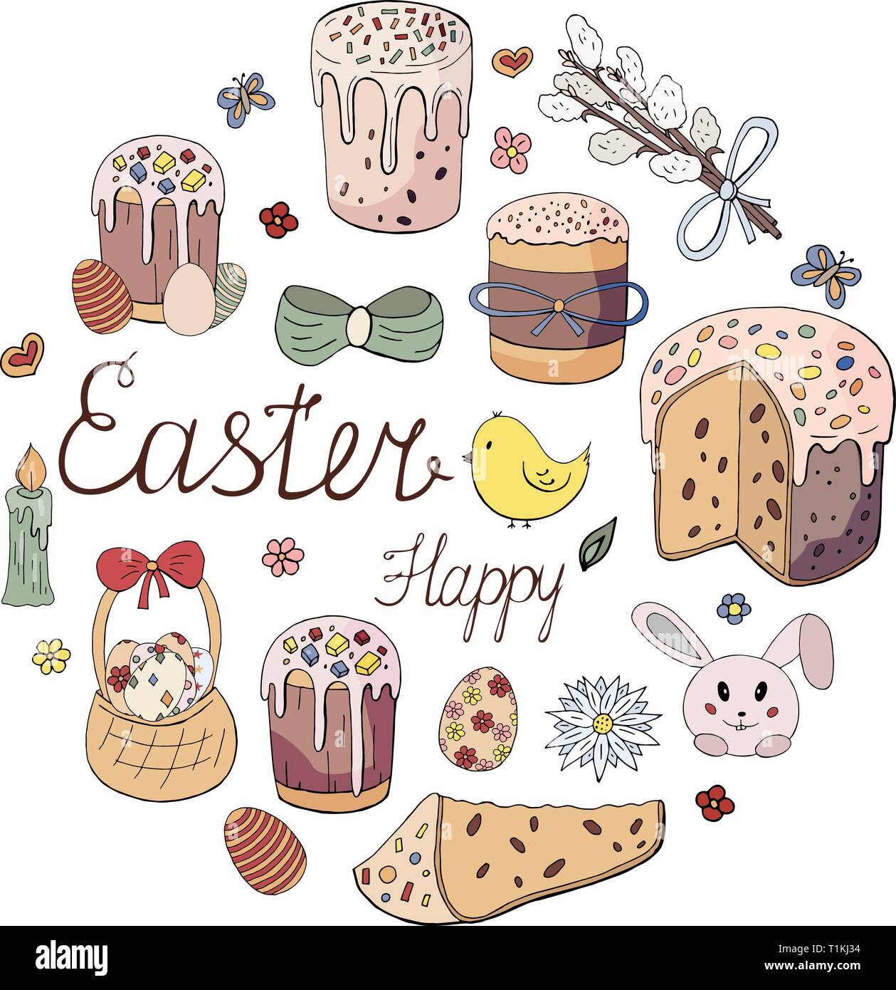 Frohe Ostern Urlaub. Ostern Kuchen, Weide Zweig, Kaninchen, Hühnern und Blumen im Kreis auf weißem Hintergrund Stock Vektor