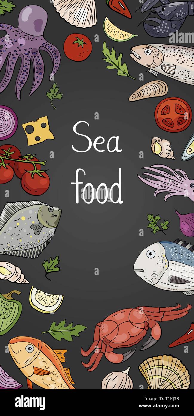Vertikale Banner mit verschiedenen Meeresfrüchten auf blackboard Für cafe Menü Stock Vektor
