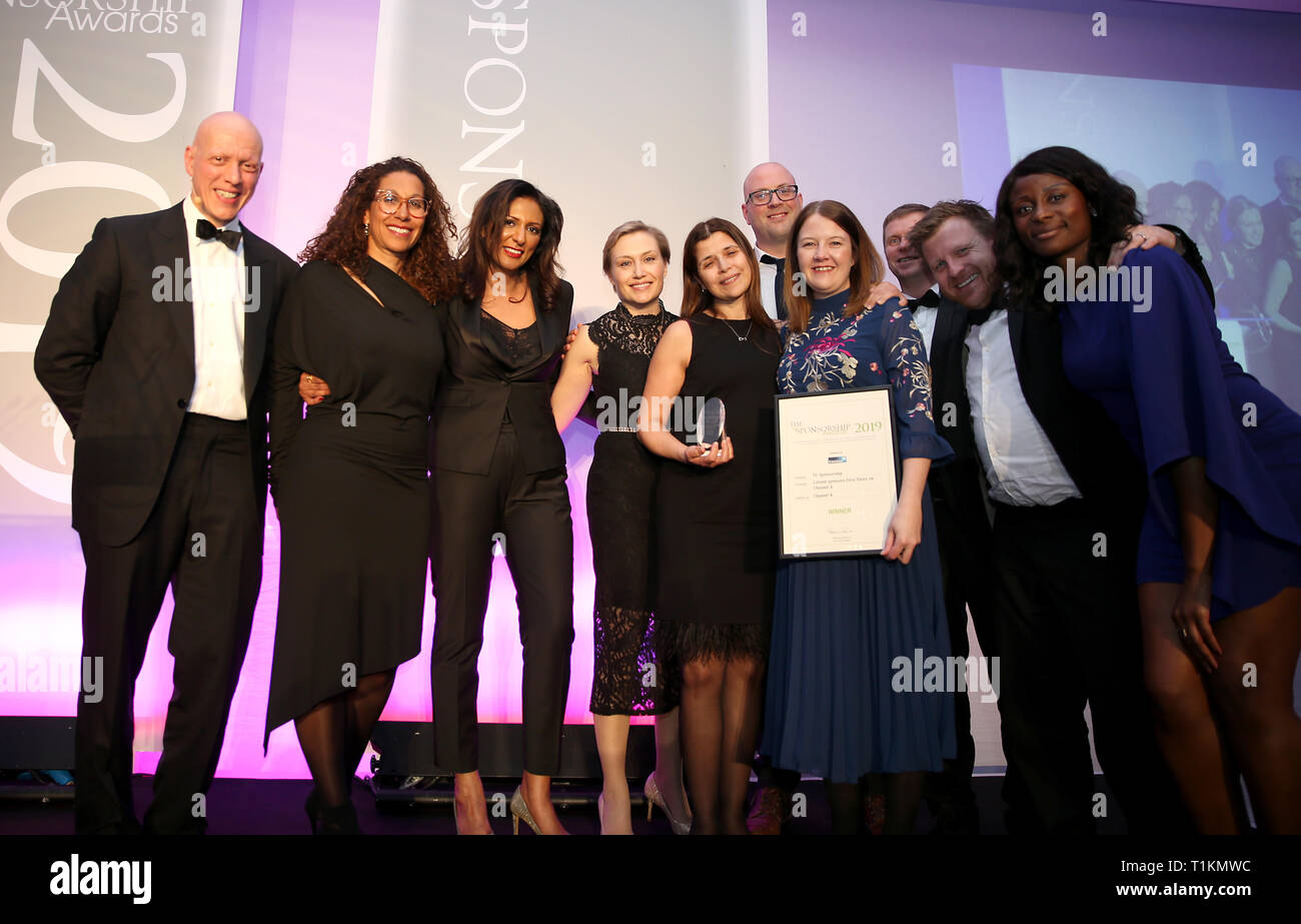 Gewinner der TV-Sponsoring auf der Bühne während der britischen Sponsoring Awards 2019 in London Marriott Hotel Grosvenor Square, London statt. Stockfoto