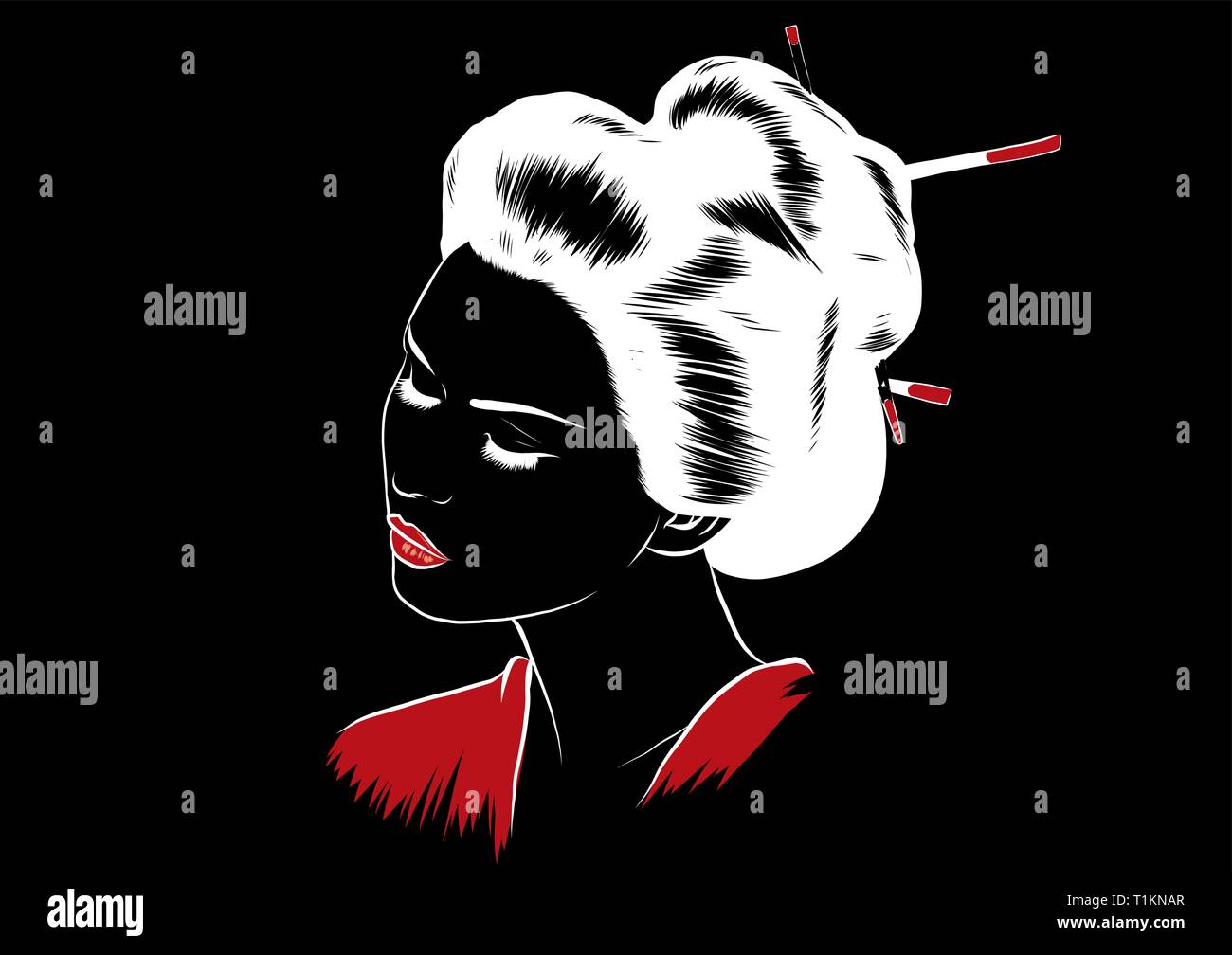Schönen Japanischen Geisha hält Rot Lüfter Vector Illustration. Stock Vektor
