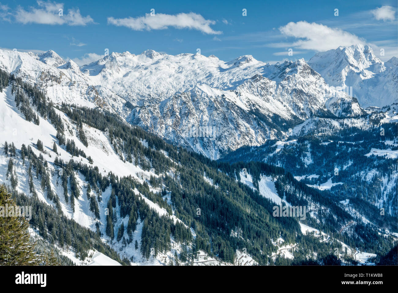 Österreich, Biosphärenpark Großes Walsertal, Lechquellen Berge, das Tal und die Nordtirol Kalkalpen mit der Roten Wand Peak (2.704 m) von Mt. Hahnenkopfle (1780 m) Stockfoto
