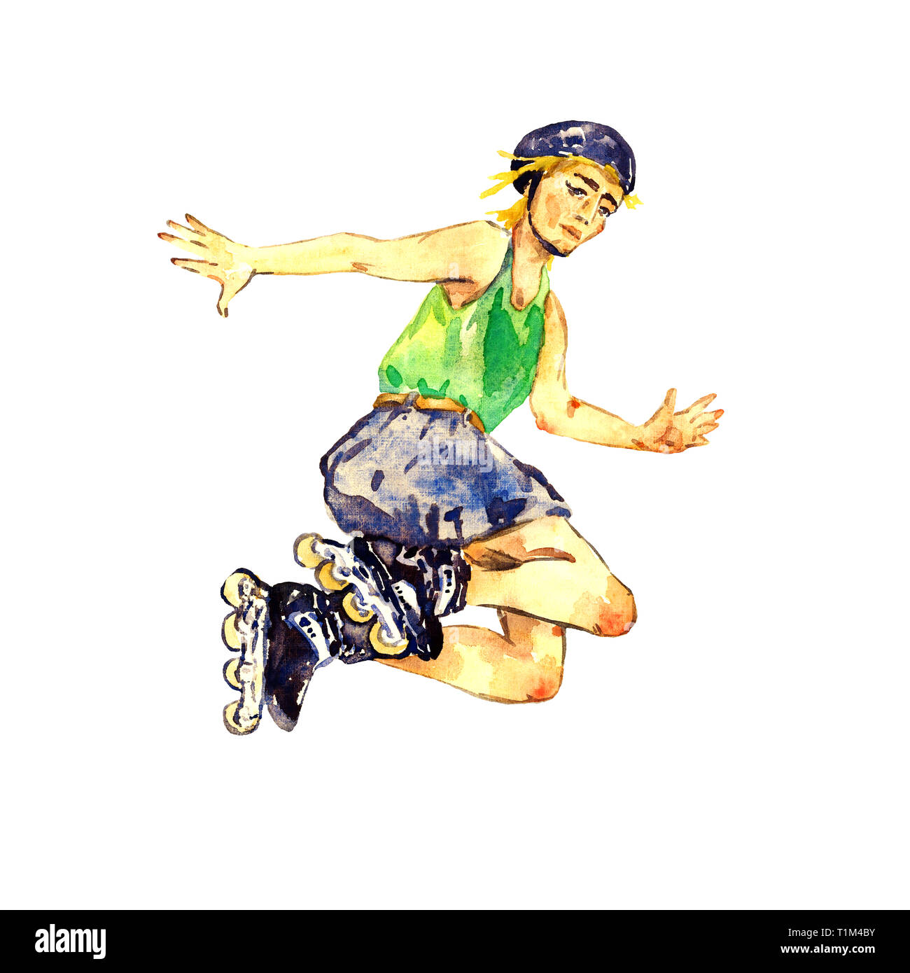 Junge in Rollschuhen und Helm springen, Handgemalten Aquarell Illustration, auf weißem Hintergrund Stockfoto