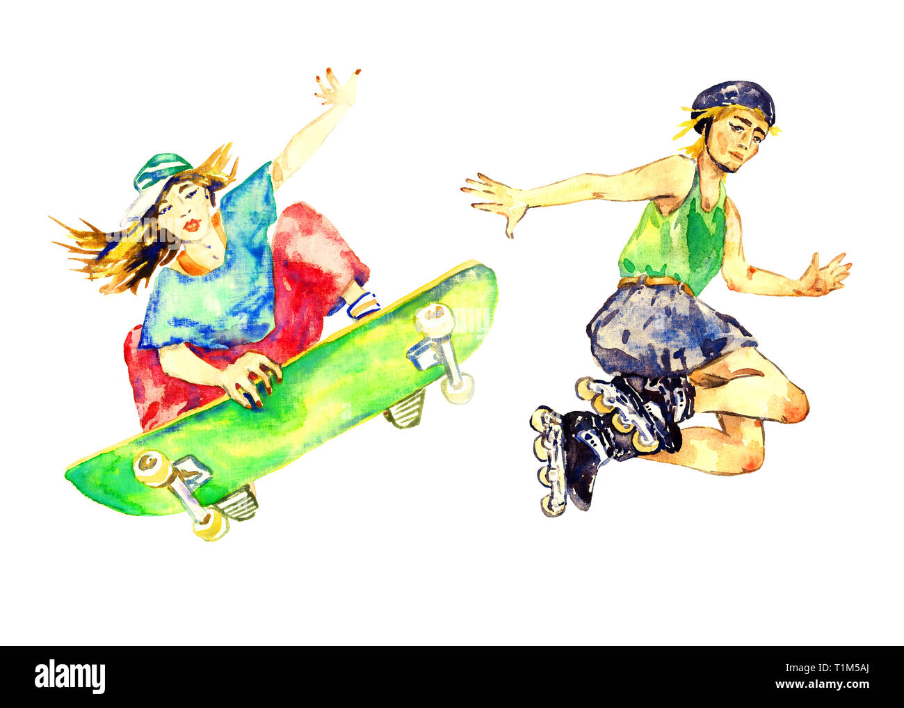 Mädchen springen auf Skateboard und Junge in Rollschuhe, Handgemalten Aquarell Illustration, auf weißem Hintergrund Stockfoto