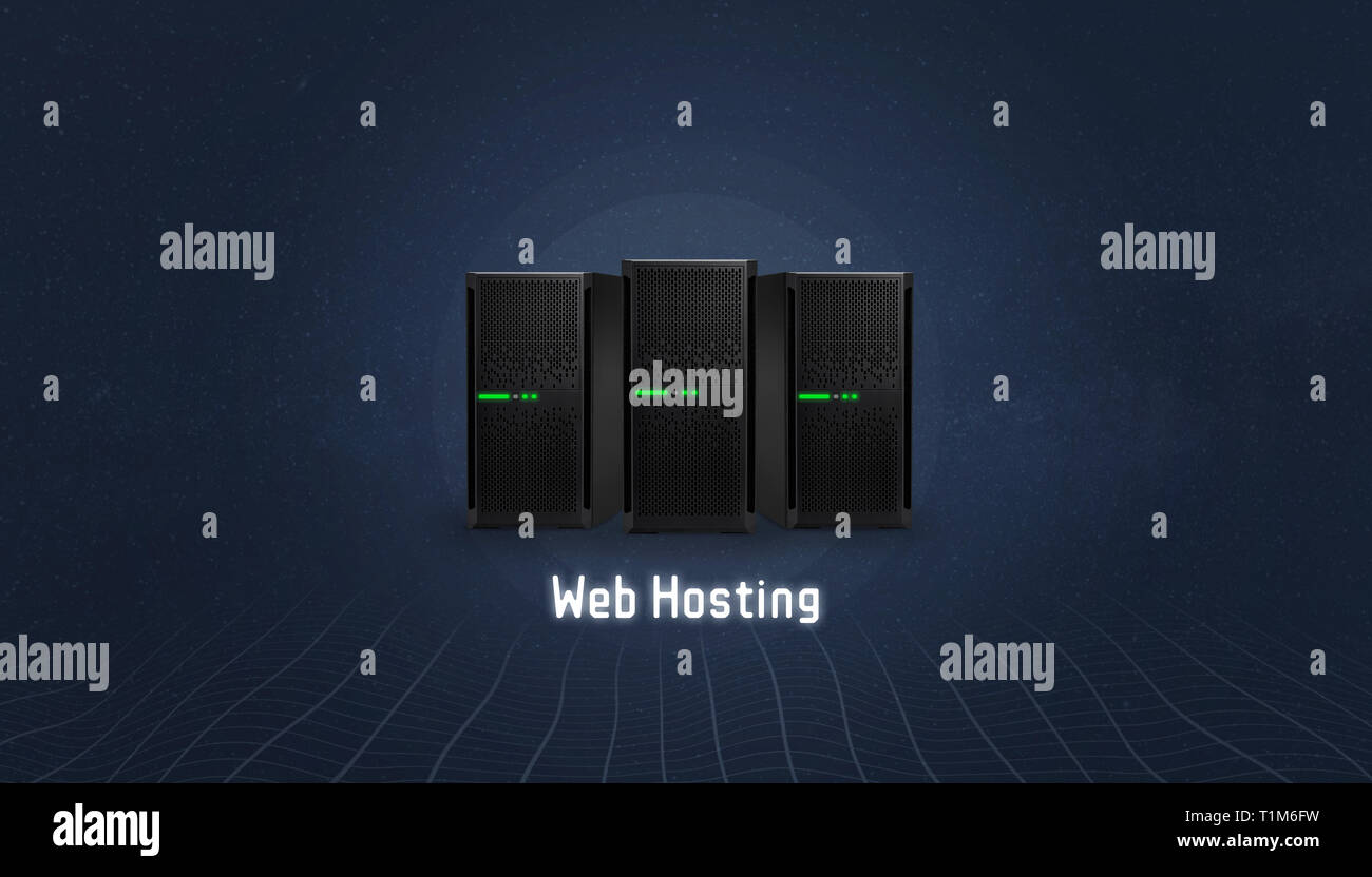 Web Hosting Konzept mit drei Server und Web Hosting Text unten. Einfache, flach, Hero Header Image. Stockfoto