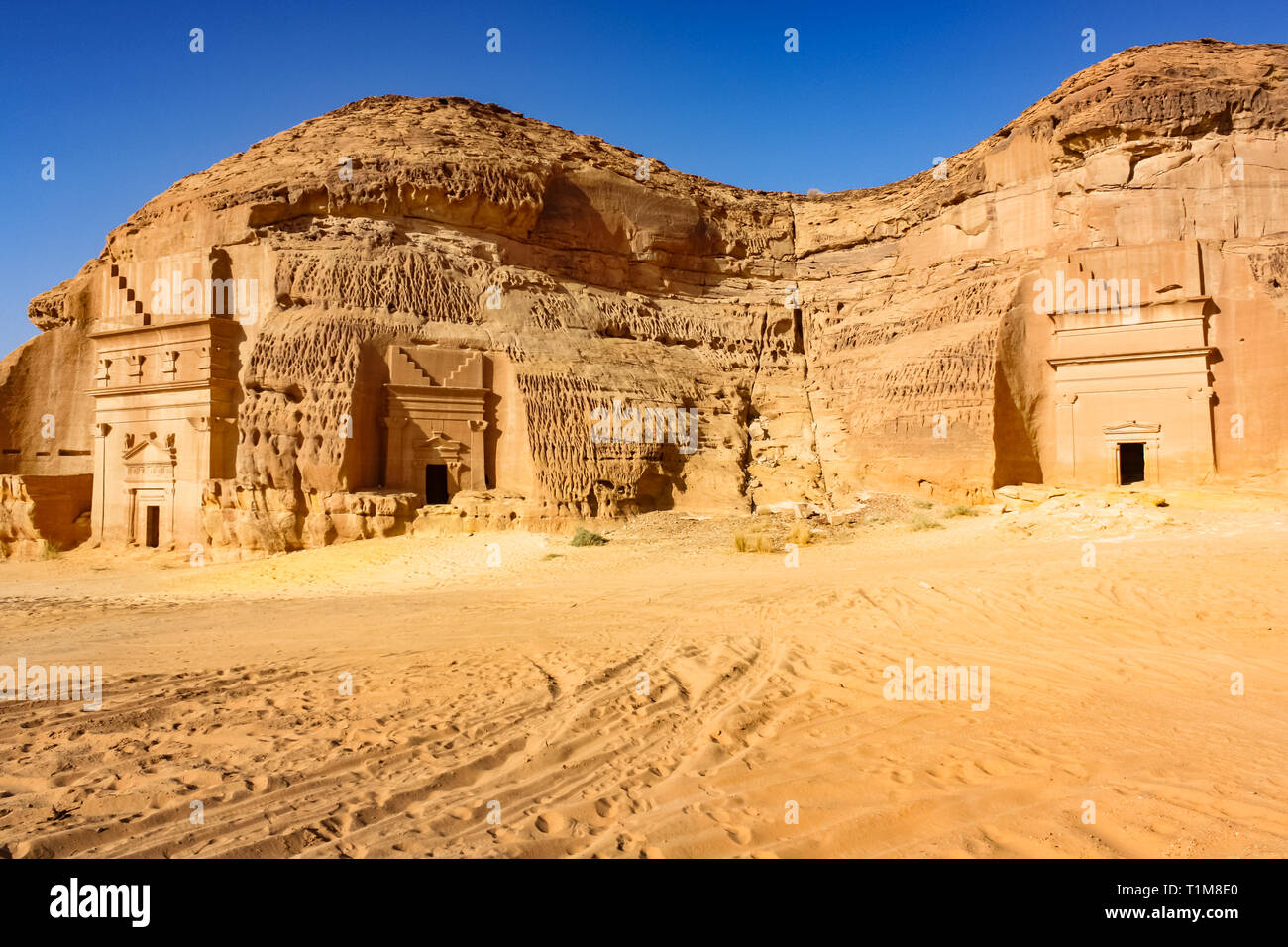 Rock-cut Nabatean Gräber von Mada'in Verkauf, ein UNESCO-Weltkulturerbe in Saudi-Arabien. Stockfoto