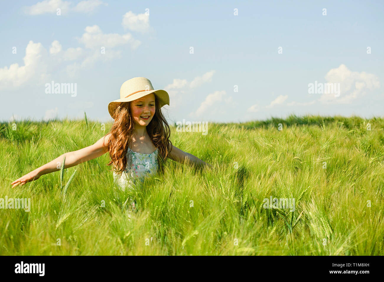Sorgloses Mädchen, das in einem sonnigen, idyllischen grünen ländlichen Feld läuft Stockfoto