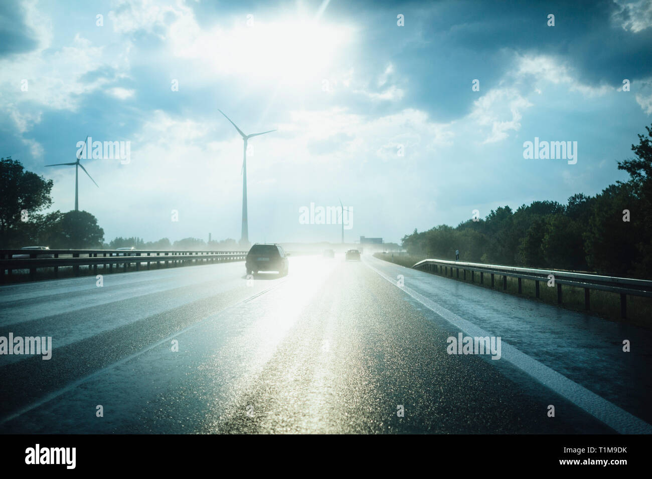 Sun auf nassen Autobahn Berliner Ring mit Windkraftanlagen im Abstand, Berlin, Deutschland Stockfoto