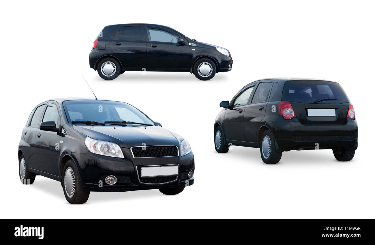 Schwarz Mini Auto isoliert. Fahrzeug Branding mockup. Seite, front, Ansicht von hinten. Foto außen Auto. Stockfoto