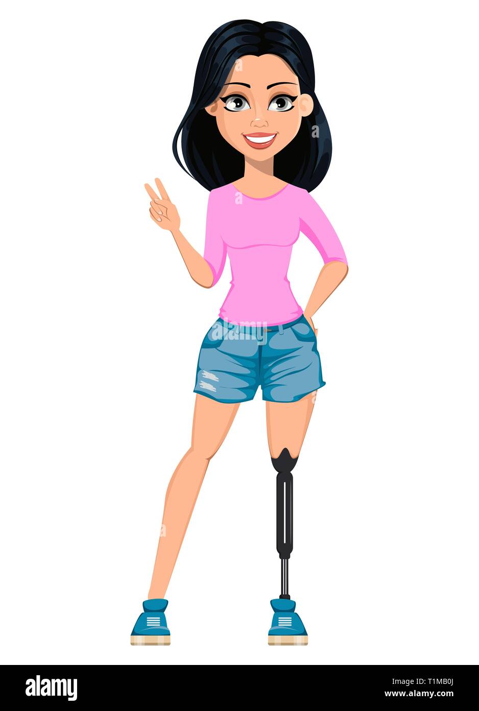 Fröhliches Mädchen mit Behinderungen, High-Tech-Prothesen. Vector Illustration. Stock Vektor