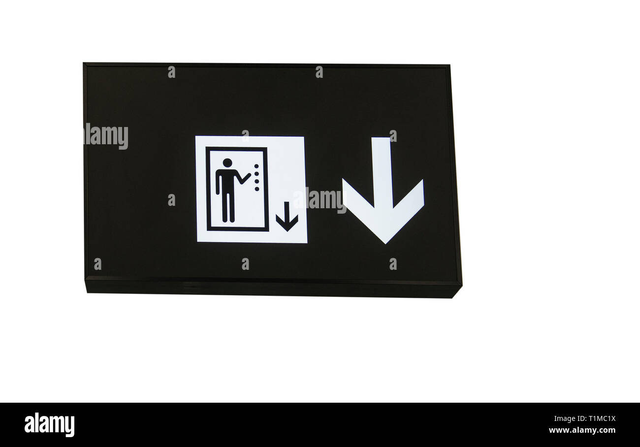 Aufzüge oder Aufzug im Flughafen mit Vorzeichen Stockfoto