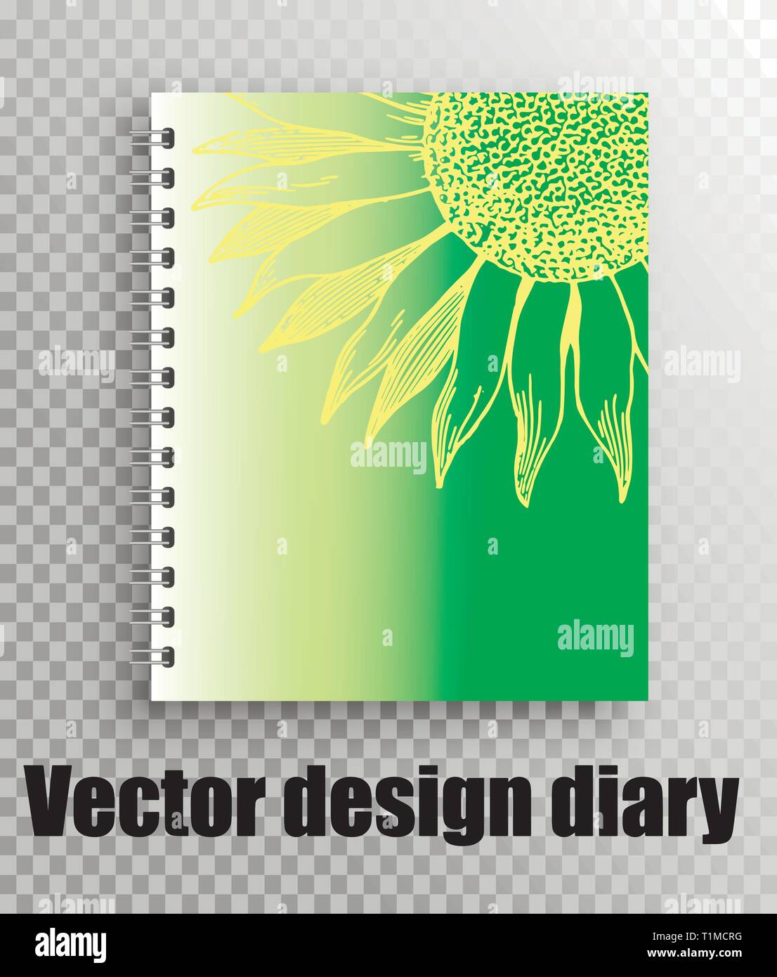 Vektor design Mock-up ein elegantes Notebook, das Tagebuch, Notebooks. Helle, schöne Print Design - Grün Gelb Gradienten und Sonnenblume. Warm, Sommer noteb Stock Vektor