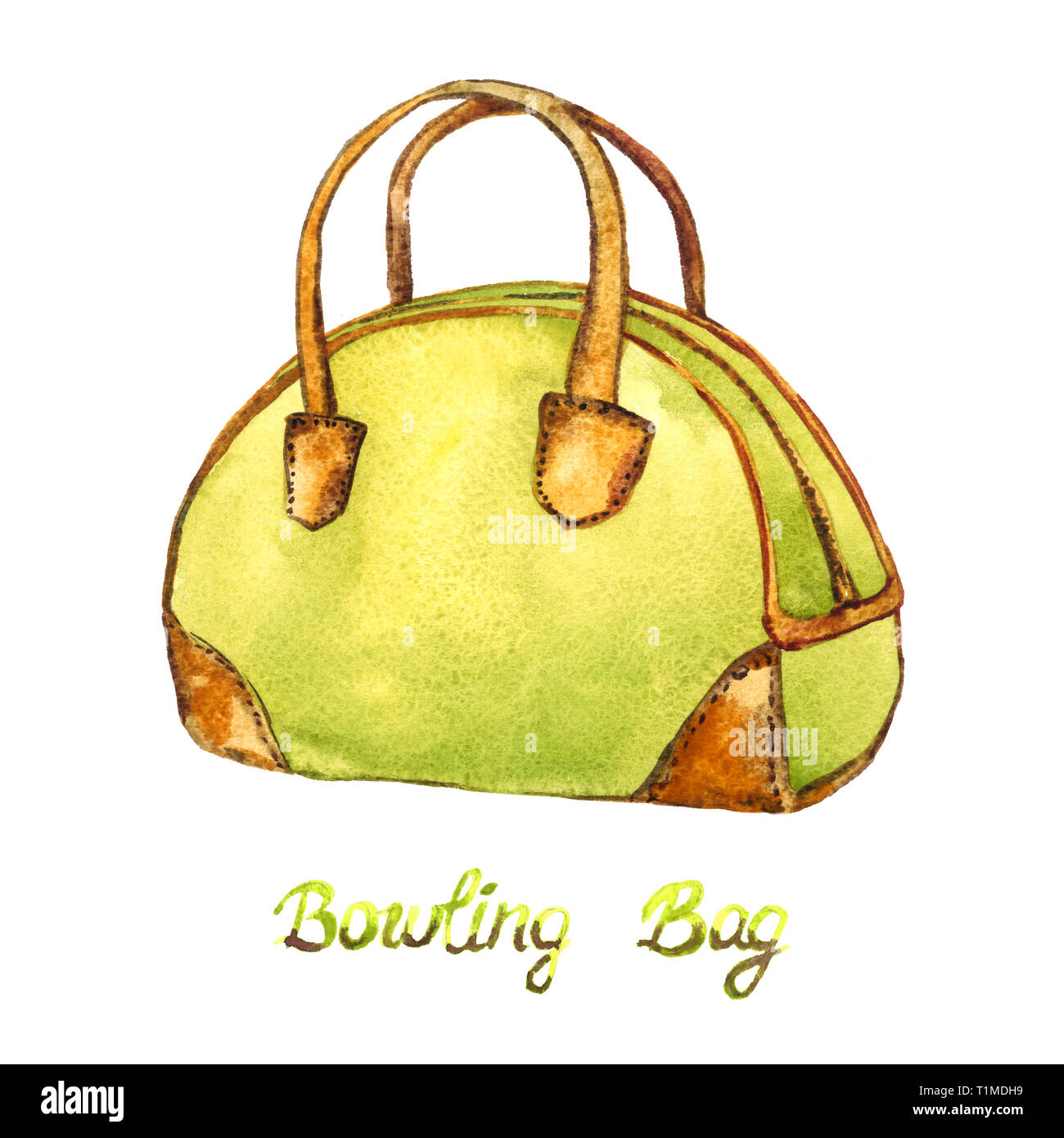 Rasenbowling Typ Tasche mit braunem Griff und Ecken, Handgemalten Aquarell Abbildung mit handschriftliche Beschriftung auf weißem Hintergrund Stockfoto