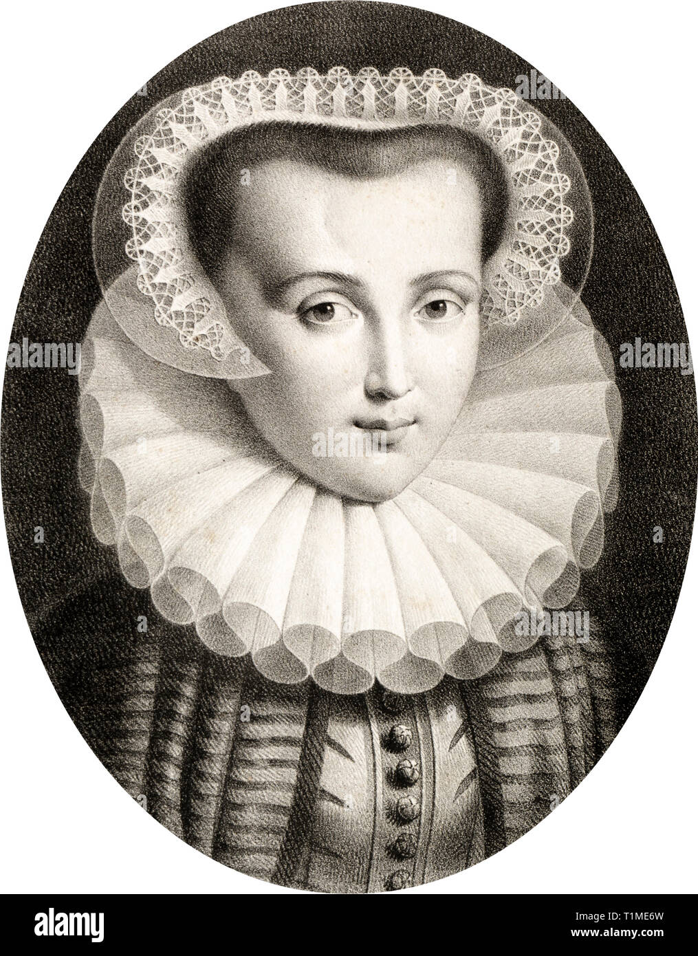 Maria Stuart (1542-1587) schwarzweiß Lithographie Porträt von Christian Ludwig Wilhelm Heuer, 19. Jahrhundert Stockfoto