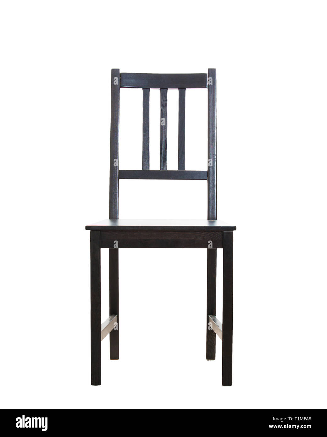 Komfortable schwarze Holzstuhl vorne Blick auf weißem Hintergrund. Stockfoto