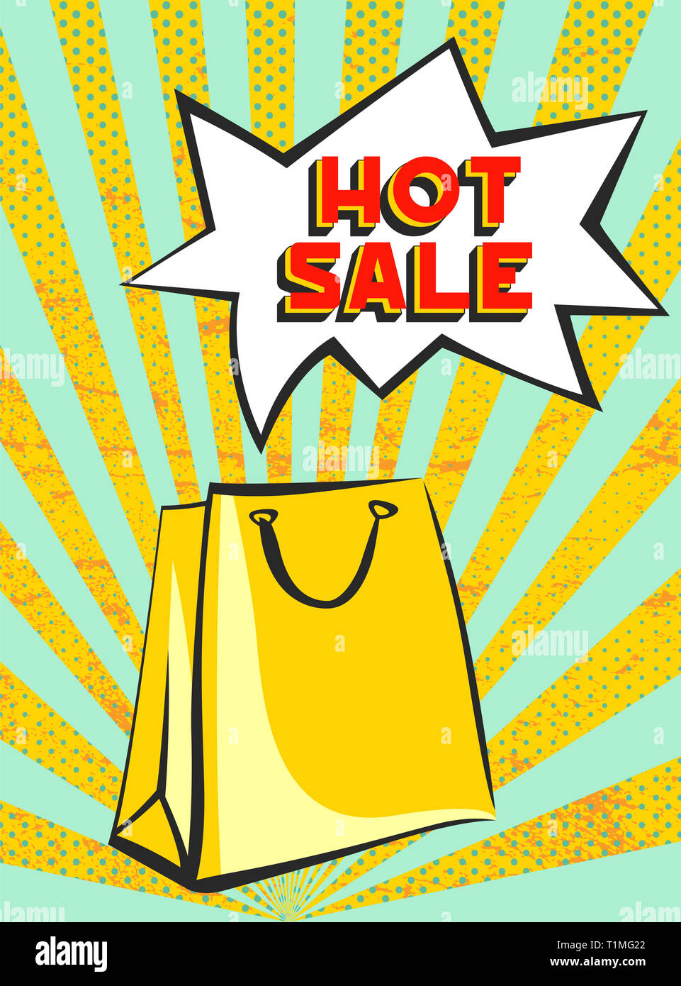 Hot Sale retro Banner auf bunte strahlen Hintergrund mit Papier Shopping Bag Stockfoto