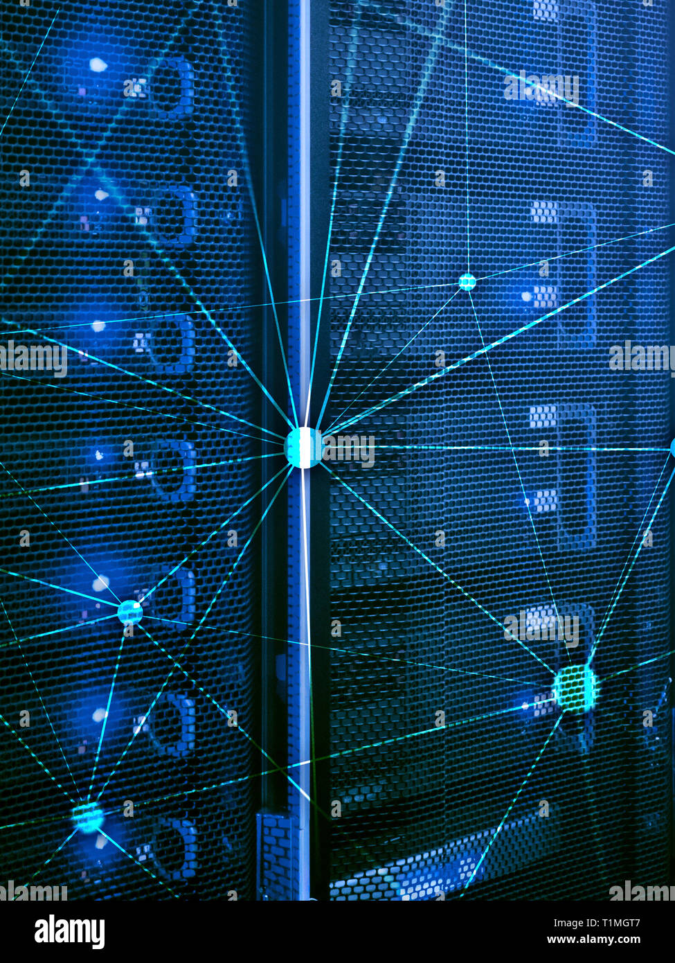 Weltkarte mit Kommunikation Netzwerk auf dem Server zimmer Hintergrund. Stockfoto