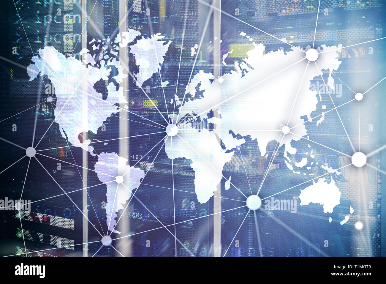 Weltkarte mit Kommunikation Netzwerk auf dem Server zimmer Hintergrund. Stockfoto