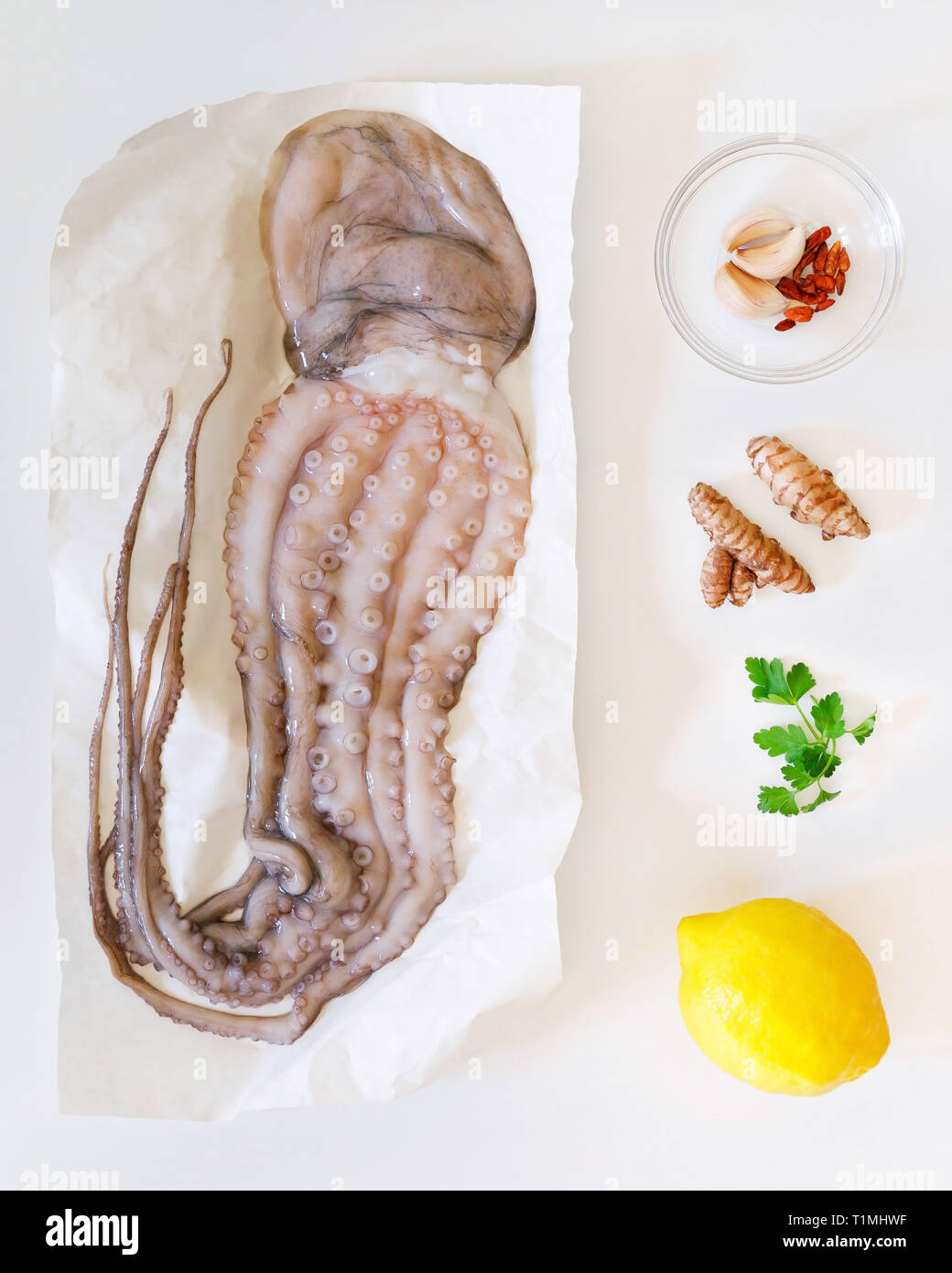 Rohen Tintenfisch mit Zutaten zum Kochen Vorbereitung. Wahre Octopus, getrockneter Chili, Kurkuma, Petersilie und Zitrone. Weißer Hintergrund, Ansicht von oben. Stockfoto