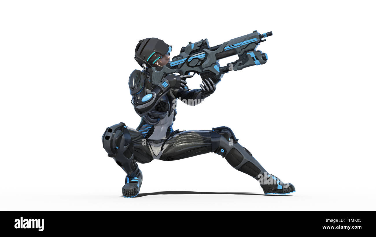 Futuristische weiblichen Soldaten, militärische Frau bewaffnet mit Luftgewehr auf weißem Hintergrund, Sci-Fi-girl, 3D-Rendering Stockfoto