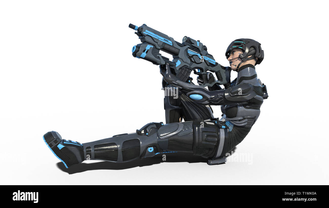 Android weiblichen Soldaten, militärische Cyborg Frau bewaffnet mit Gewehr Legen und Schießen auf weißem Hintergrund, Sci-Fi-girl, 3D-Rendering Stockfoto