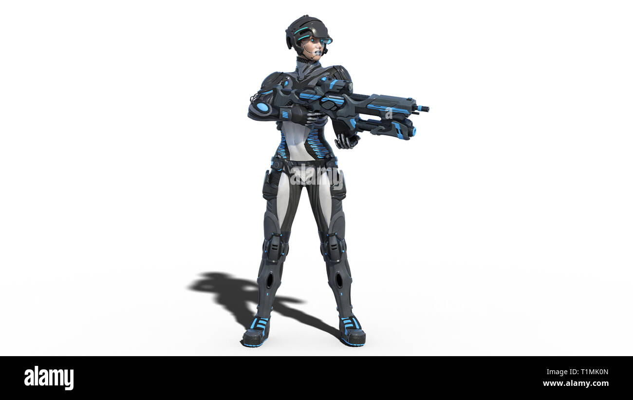 Android weiblichen Soldaten, militärische Cyborg Frau bewaffnet mit Gewehr auf weißem Hintergrund, Sci-Fi-girl, 3D-Rendering Stockfoto