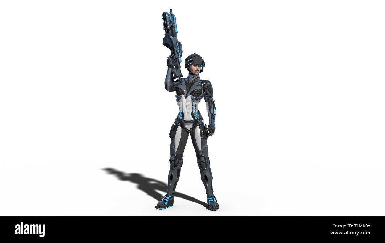 Android weiblichen Soldaten, militärische Cyborg Frau bewaffnet mit Gewehr stehend auf weißem Hintergrund, Sci-Fi-girl, 3D-Rendering Stockfoto