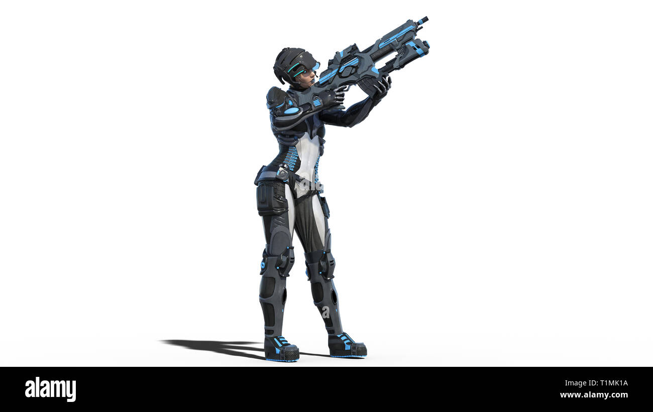Weibliche android Soldat, Militär cyborg Frau bewaffnet mit Luftgewehr auf weißem Hintergrund, Sci-Fi-girl, 3D-Rendering Stockfoto