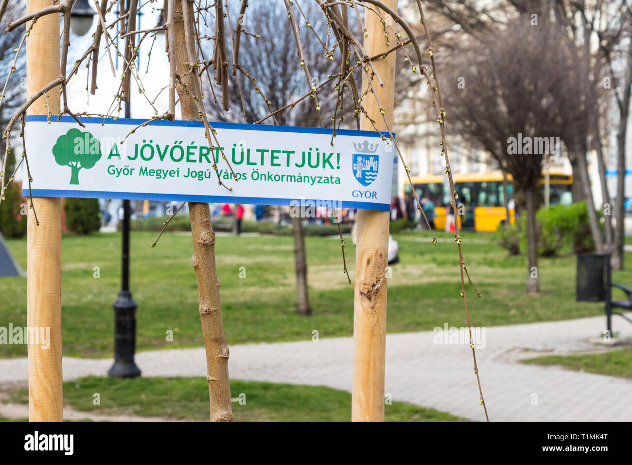 Abzeichen auf der unterstützt von einem frisch gepflanzten Baum sagt 'wir Pflanzen für die Zukunft' in Győr, Ungarn Stockfoto