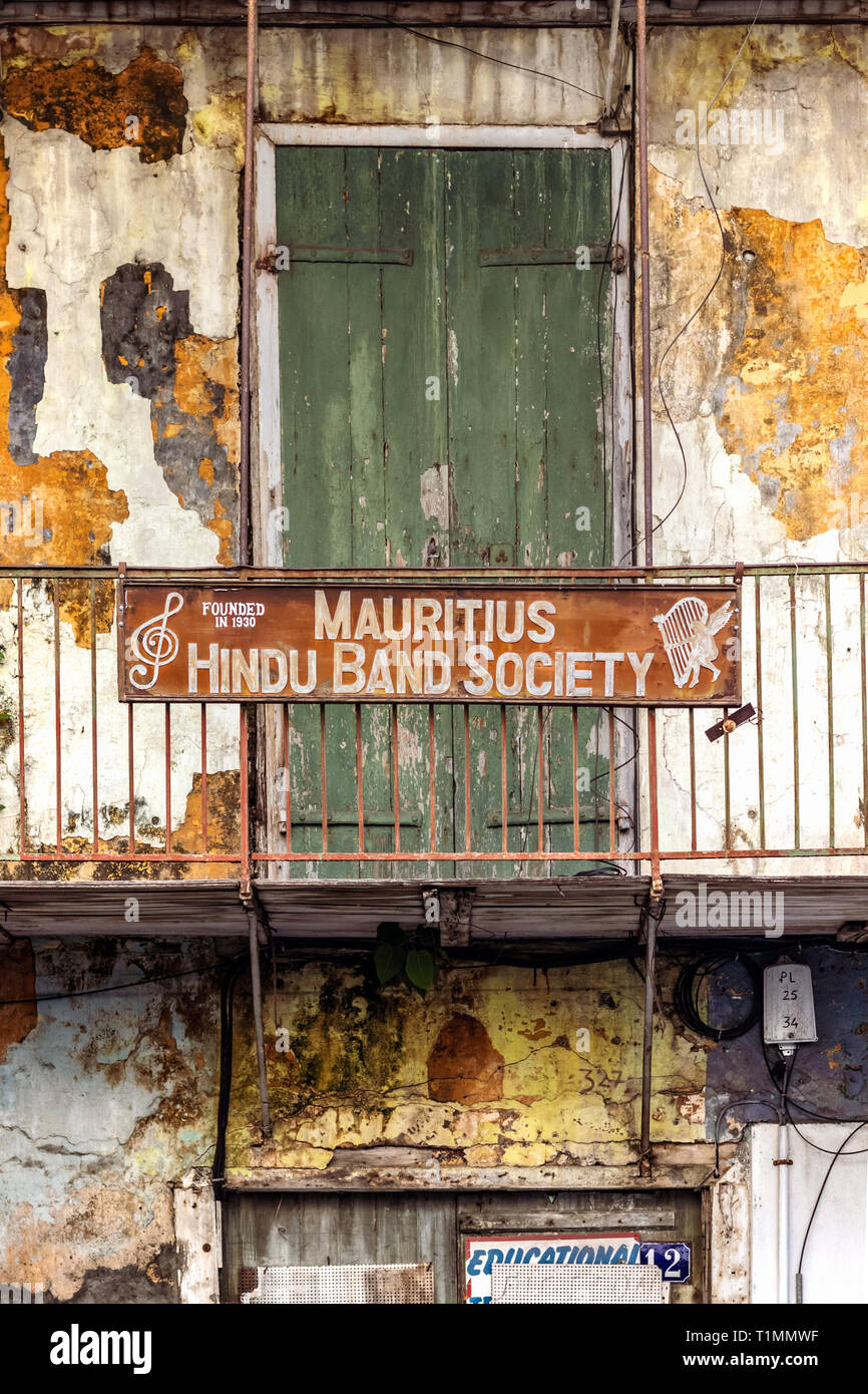 Port Louis, Mauritius - Januar 29, 2019: Fassade und Repräsentant der Mauritius Hindu Band Gesellschaft in Port Louis, Mauritius. Stockfoto