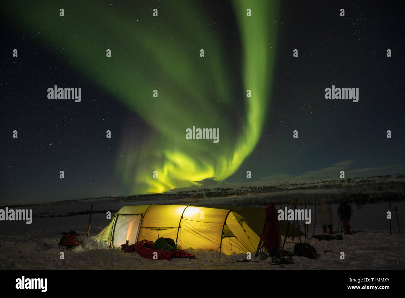 Aurora borealis über einen Winter Skitouren Zelt. Finnmarksvidda Plateau. Finnmark, Das arktische Norwegen. Stockfoto
