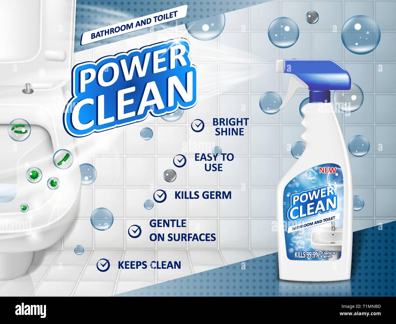Bad Reiniger des Anbieters, Sprühflasche mockup mit Reinigungsmittel für Waschbecken und WC mit Blasen. 3D-Vektor illustration Stock Vektor