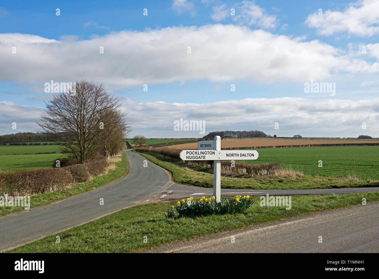 Kreuzung und Schild, in den Yorkshire Wolds, in der Nähe der Huggate, East Yorkshire, England, Großbritannien Stockfoto