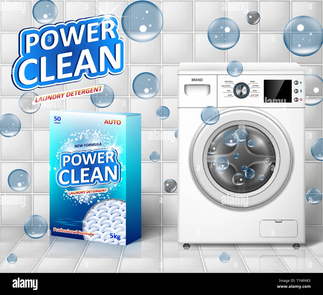 Waschmaschine ad. Fleckenentferner Banner Design mit realistischen Waschmaschine und Waschmittel Paket mit sauberem Seifenblasen. Vektor Stock Vektor