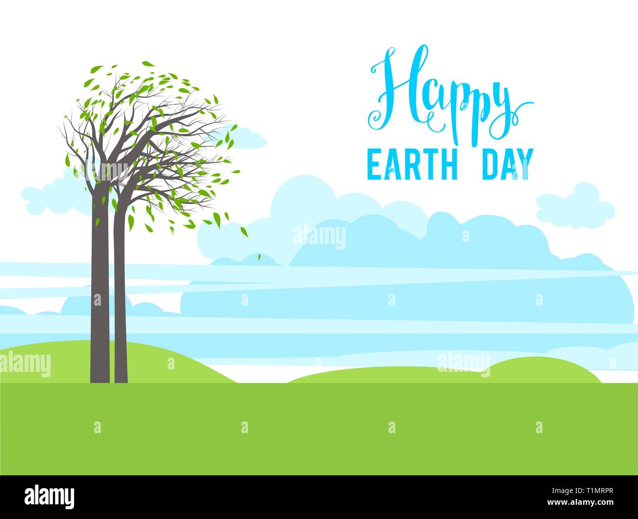 Bäume, Gras und blauer Himmel flache Landschaft. Happy Earth Day Abbildung. Stock Vektor
