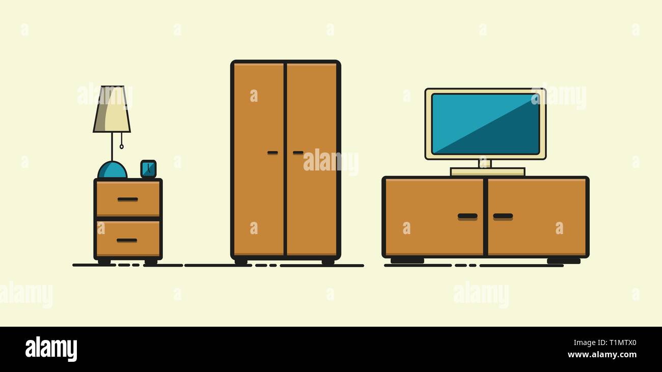 Wohnzimmer moderner Minimalismus. Flat style Möbel. Linearer Hub TV mit einer Kommode und Kleiderschrank, Nachttisch Stock Vektor