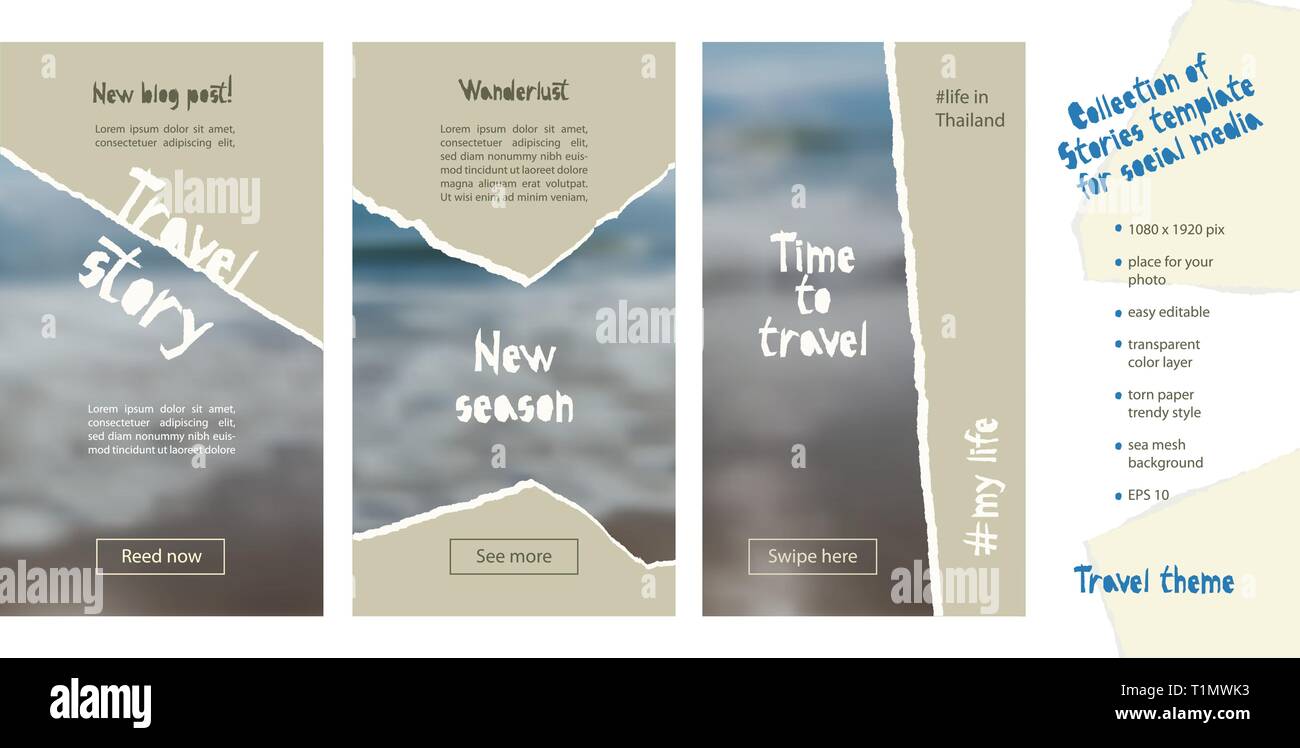 Trendy leicht bearbeitbaren Vorlage für soziale Medien Geschichten in zerrissenem Papier Stil. Reisen kreatives Design Hintergrund für individuelle und korporative Web p Stock Vektor