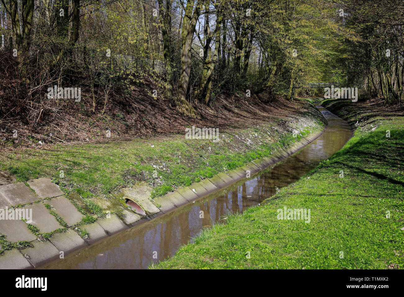 Essen, Nordrhein-Westfalen, Deutschland - Die Bern ist ein kleiner Fluss, der in der Stadt Essen steigt und fließt in die Emscher. Die Kanalisierten Bern ist Stockfoto