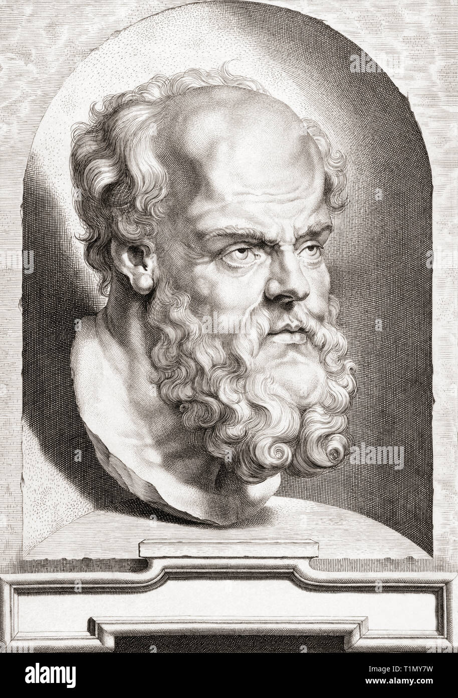 Sokrates. c. 470 v. Chr. - 399 v. Chr.. Klassische griechische (die Athener) Philosoph. Nach einem Stich kopiert aus einem alten Marmor Büste. Stockfoto