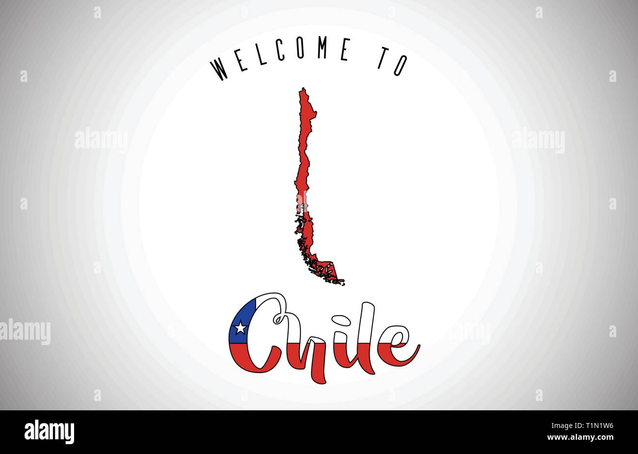 Chile Willkommen bei Text und Land Flagge im Land grenze Karte. Uruguay