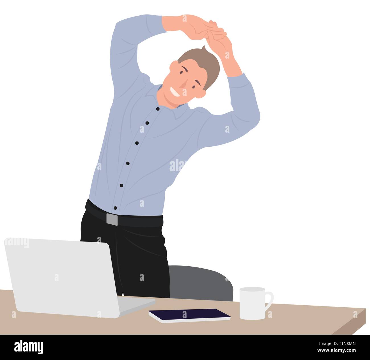 Menschen Cartoon Character Design Geschäftsmann trainieren während der Pause am Schreibtisch im Büro. Ideal sowohl für Print und Web Design. Stock Vektor