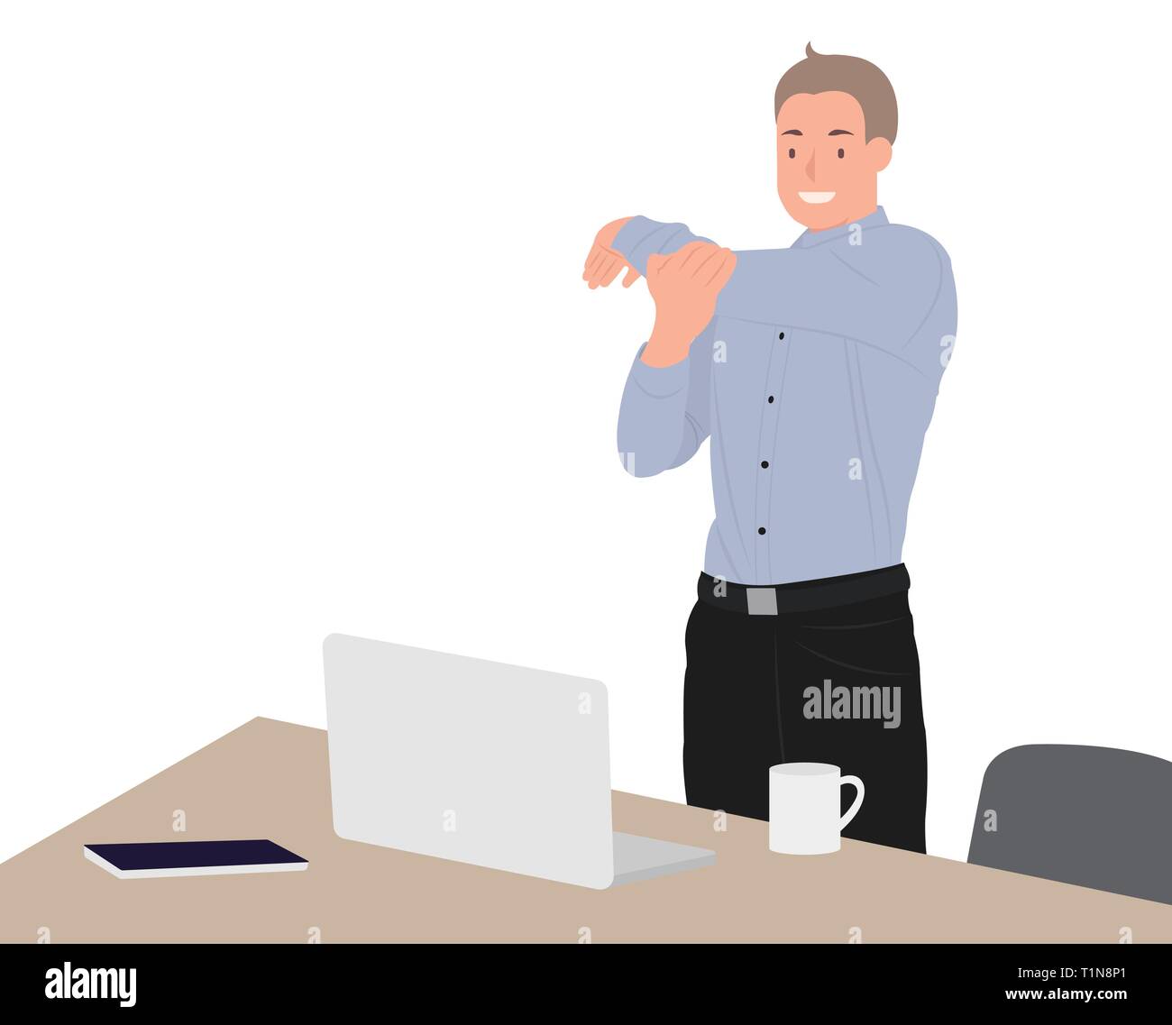 Cartoon Character Design Menschen glücklich Geschäftsmann trainieren während der Pause am Schreibtisch im Büro. Ideal sowohl für Print und Web Design. Stock Vektor