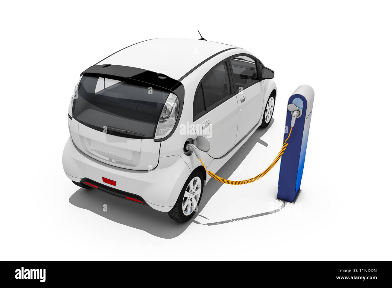 3D-Rendering von elektrischen Auto oder Fahrzeug an der Ladestation aufgeladen für ökologische und nachhaltige Energie verwendet. Stockfoto