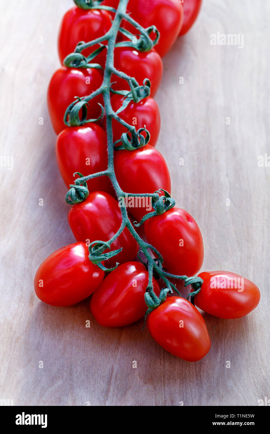 Bündel von Red Cherry Tomaten, datterino Typ. Holz Hintergrund. Leckere rohe Tomaten, frische Zutaten der italienischen Küche. Stockfoto