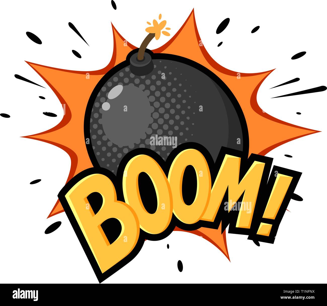 Runde, schwarze Bombe mit brennender Sicherung, in Retro Pop Art Stil gezeichnet. Cartoon comic Vector Illustration Stock Vektor