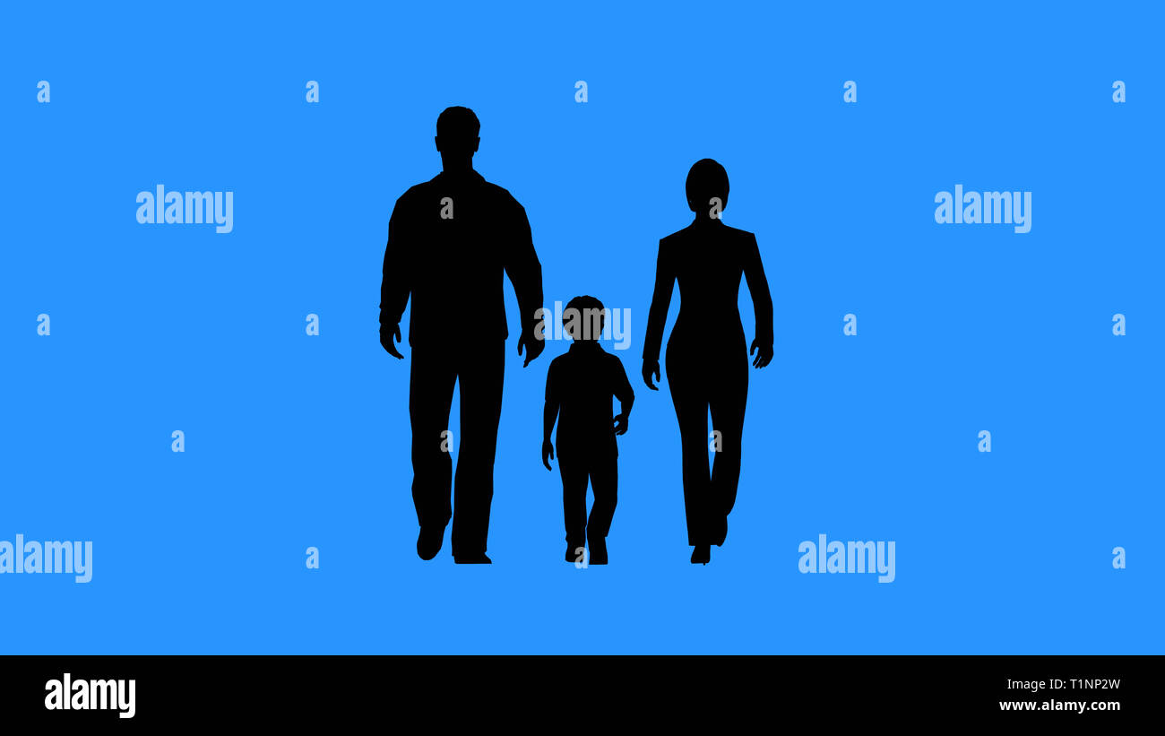 Familie zusammen gehen. Die Werte der Familie oder Kind Annahme Konzept. Silhouetten der Familie auf blauem Hintergrund. Stockfoto