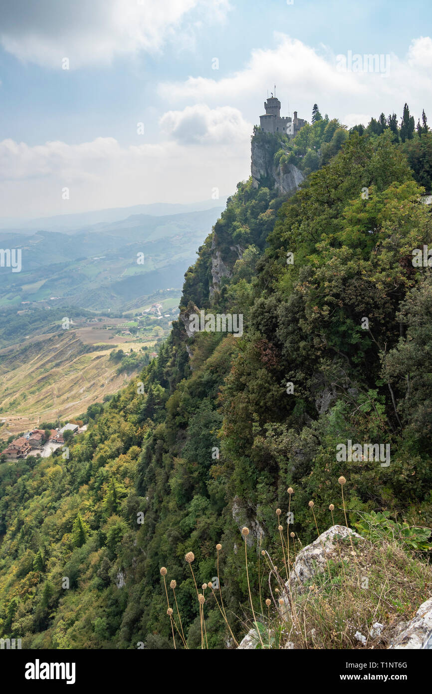 Roccao Guaita, San Marino Die Republik San Marino auch als die Serenissima Republik San Marino bekannt. Einer der drei Gipfel Stockfoto