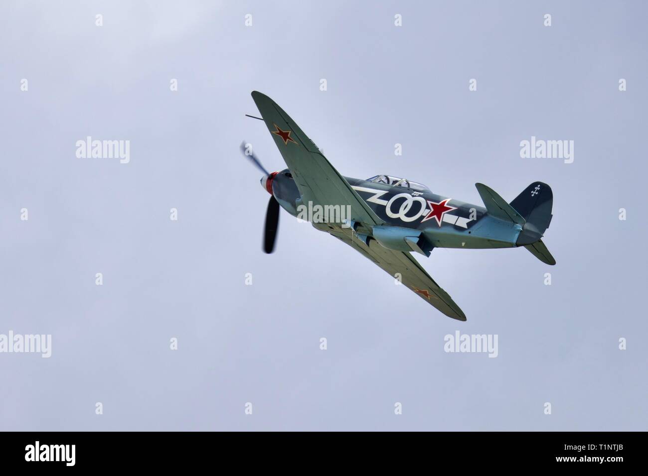 Die Greenwood Yak-3 (G-OLEG) in der Schlacht von Großbritannien Airshow im Imperial War Museum fliegen am 23. September 2018 Stockfoto