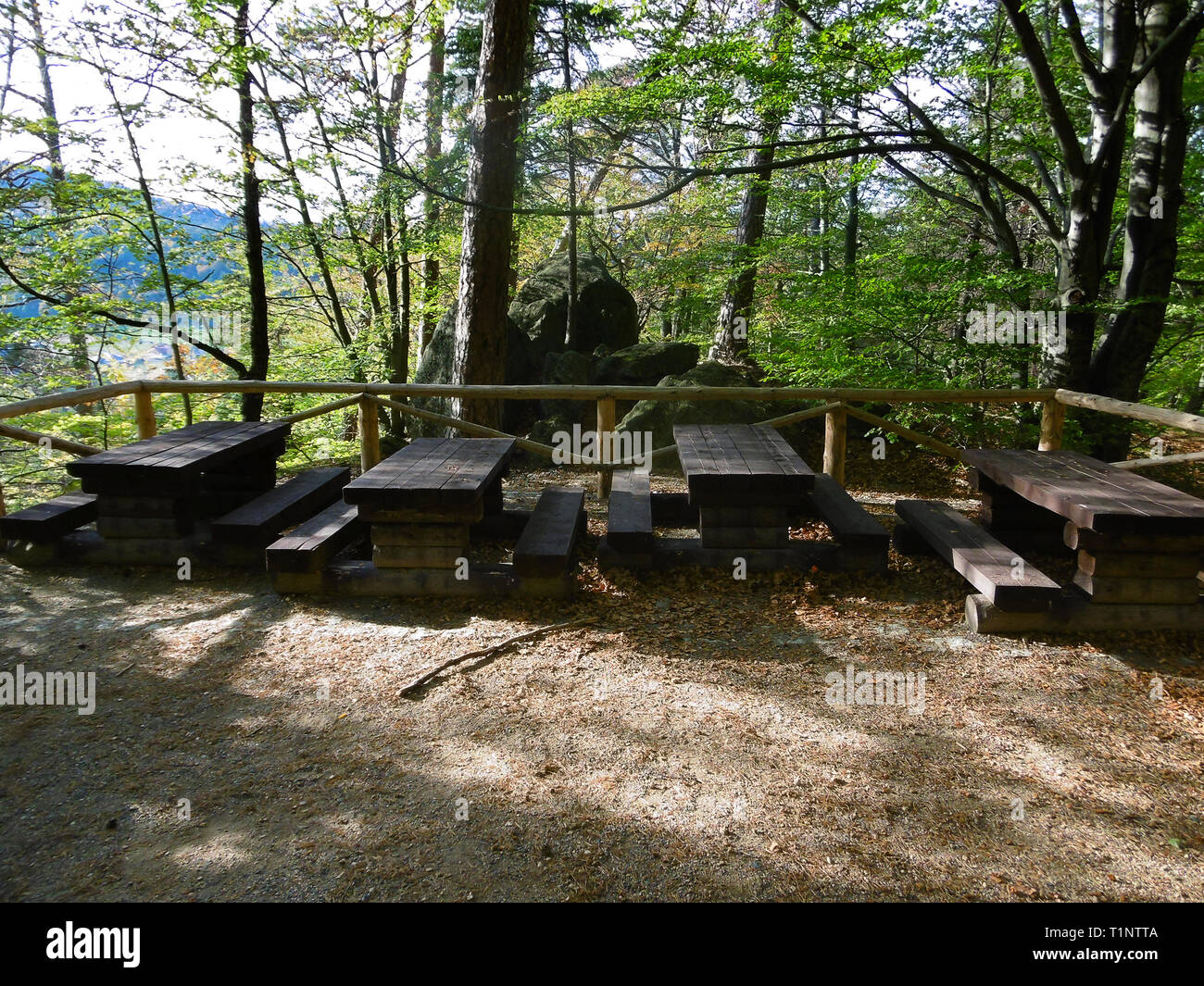Tische und Bänke fest im Park installiert für Menschen, die sich ausruhen und Essen beim Wandern. Stockfoto